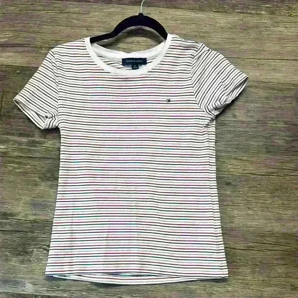Tommy Hilfiger White Navy and Red Striped Crew Neck T-Shirt women’s Size Medium - Picture 1 of 3